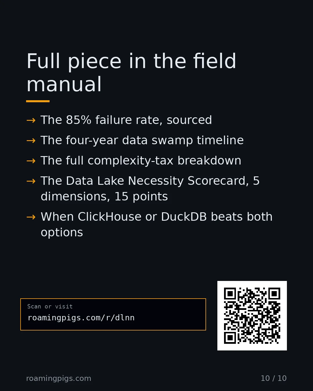 Slide 10 of 10: Call to action: The 85% failure rate, sourced The four-year data swamp timeline The full complexity-tax breakdown The Data Lake Necessity…