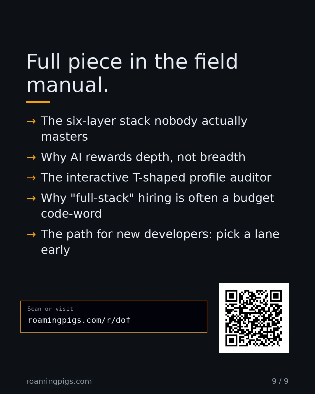 Slide 9 of 9: Call to action: The six-layer stack nobody actually masters Why AI rewards depth, not breadth The interactive T-shaped profile auditor Why…