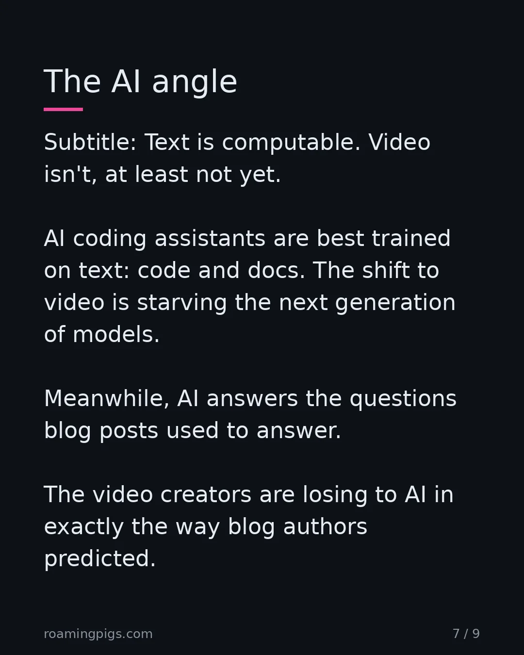 Slide 7 of 9: The AI angle. Subtitle: Text is computable. Video isn't, at least not yet. AI coding assistants are best trained on text: code and docs.…