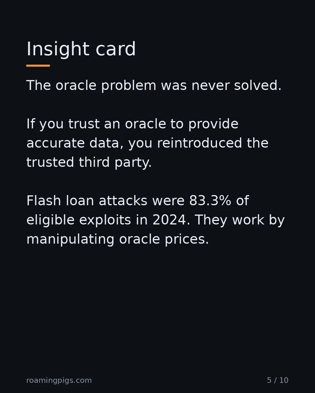 Slide 5 of 10: Insight card. The oracle problem was never solved. If you trust an oracle to provide accurate data, you reintroduced the trusted third…