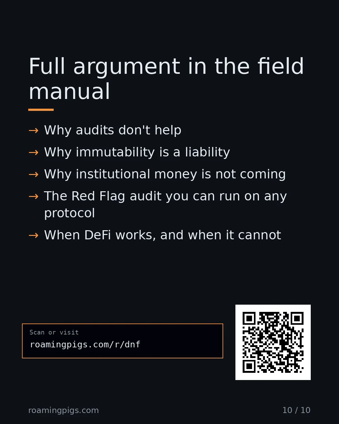 Slide 10 of 10: Call to action: Why audits don't help Why immutability is a liability Why institutional money is not coming The Red Flag audit you can run…