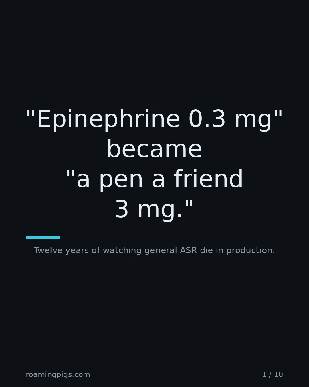 Slide 1 of 10: "Epinephrine 0.3 mg" became "a pen a friend 3 mg.". Twelve years of watching general ASR die in production