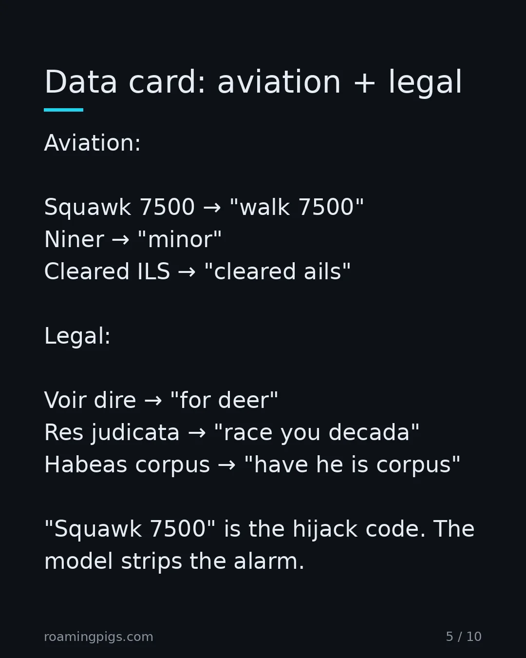 Slide 5 of 10: Data card: aviation + legal. Aviation: Squawk 7500 → "walk 7500" Niner → "minor" Cleared ILS → "cleared ails" Legal: Voir dire → "for deer"…