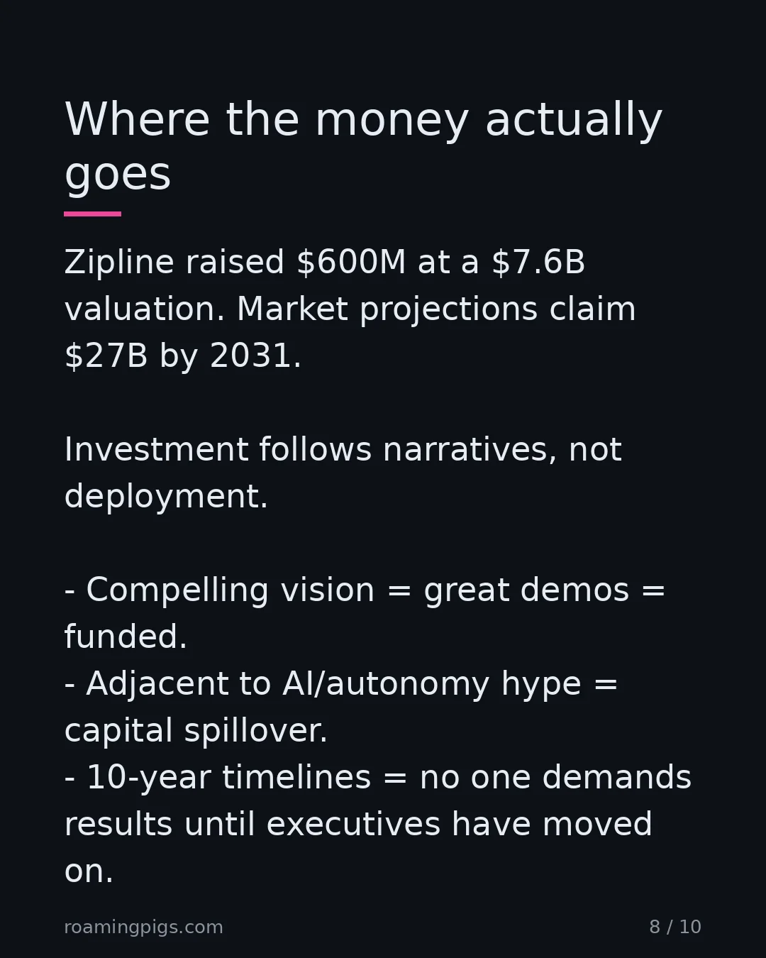 Slide 8 of 10: Where the money actually goes. Zipline raised $600M at a $7.6B valuation. Market projections claim $27B by 2031. Investment follows…