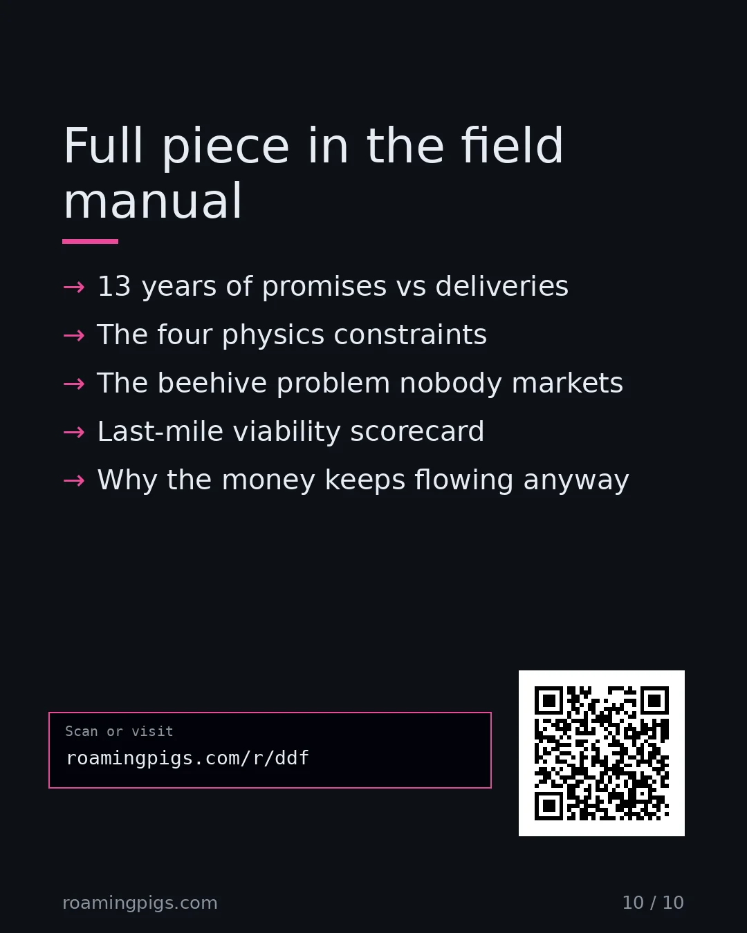 Slide 10 of 10: Call to action: 13 years of promises vs deliveries The four physics constraints The beehive problem nobody markets Last-mile viability…