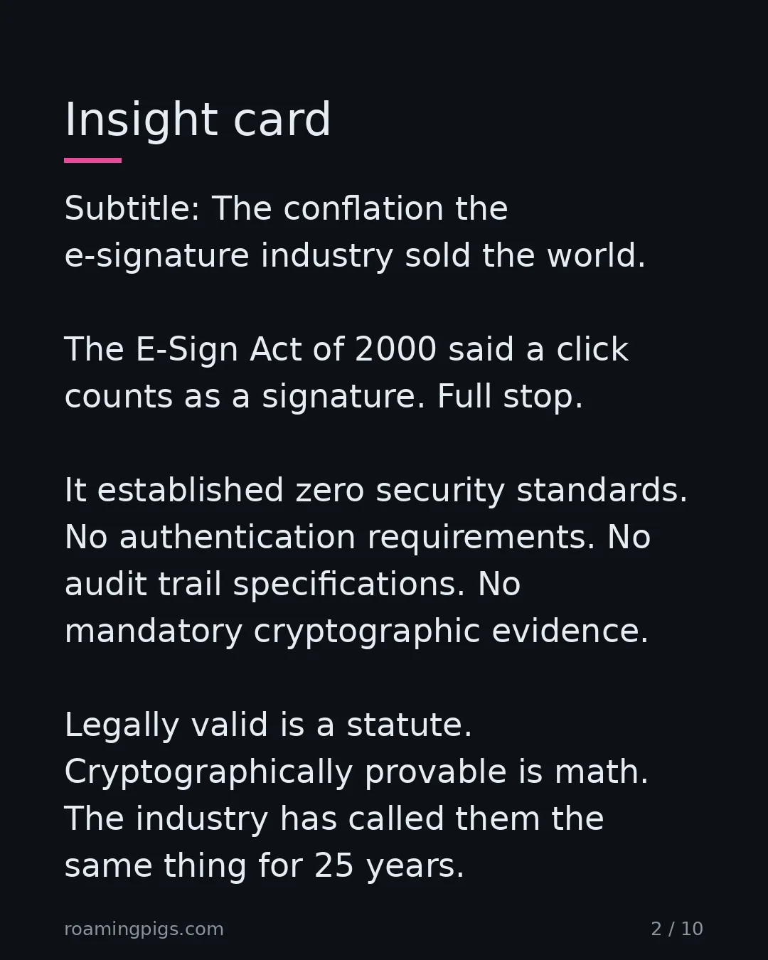 Slide 2 of 10: Insight card. Subtitle: The conflation the e-signature industry sold the world. The E-Sign Act of 2000 said a click counts as a signature.…