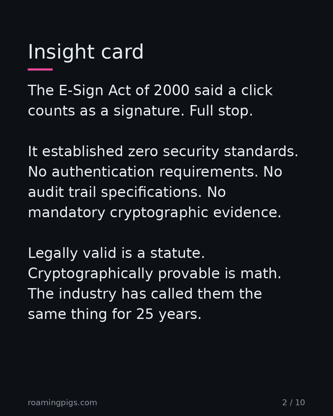 Slide 2 of 10: The conflation the e-signature industry sold the world. The E-Sign Act of 2000 said a click counts as a signature. Full stop. It…