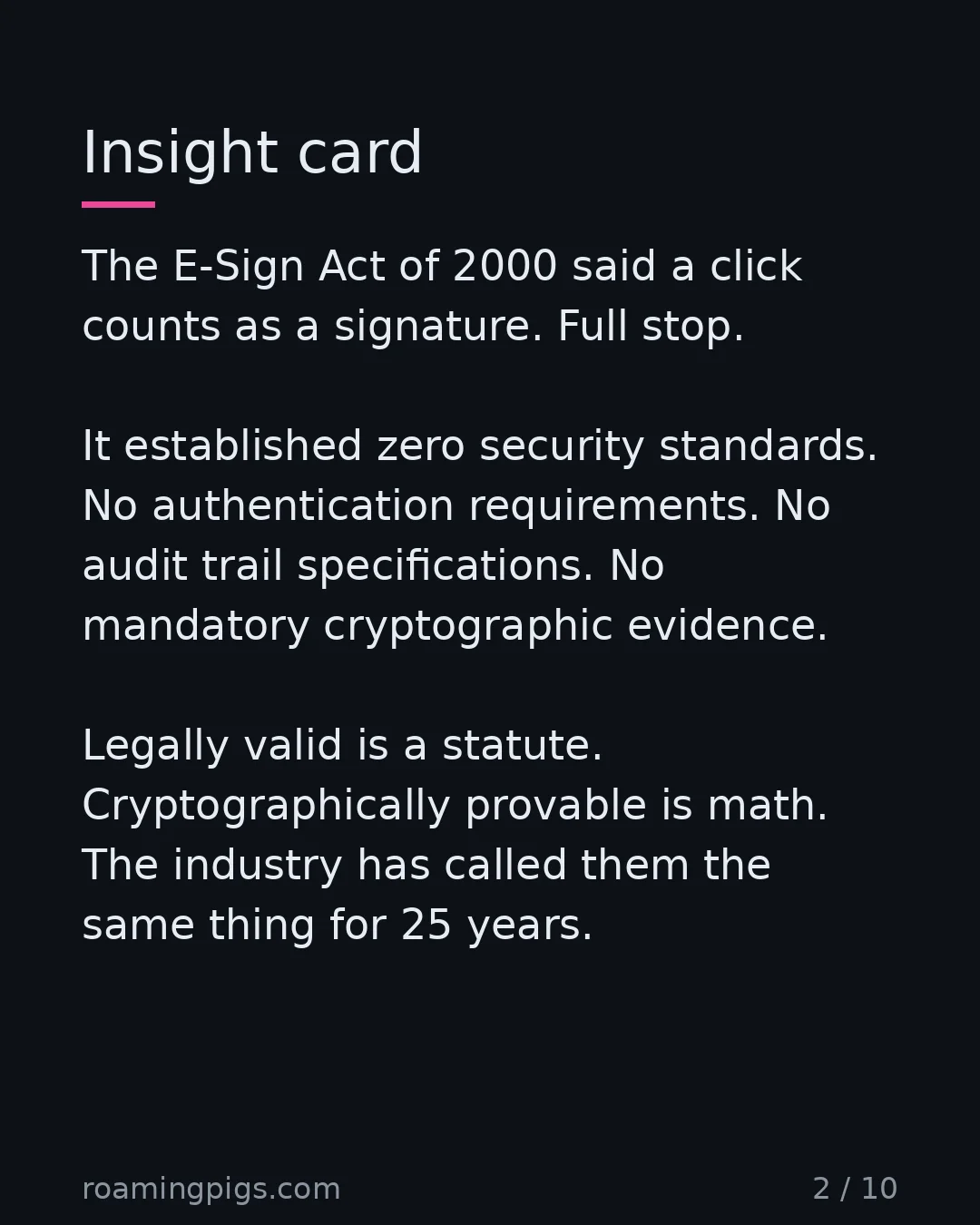Slide 2 of 10: The conflation the e-signature industry sold the world. The E-Sign Act of 2000 said a click counts as a signature. Full stop. It…