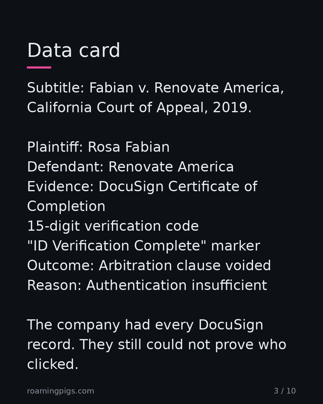 Slide 3 of 10: Data card. Subtitle: Fabian v. Renovate America, California Court of Appeal, 2019. Plaintiff: Rosa Fabian Defendant: Renovate America…