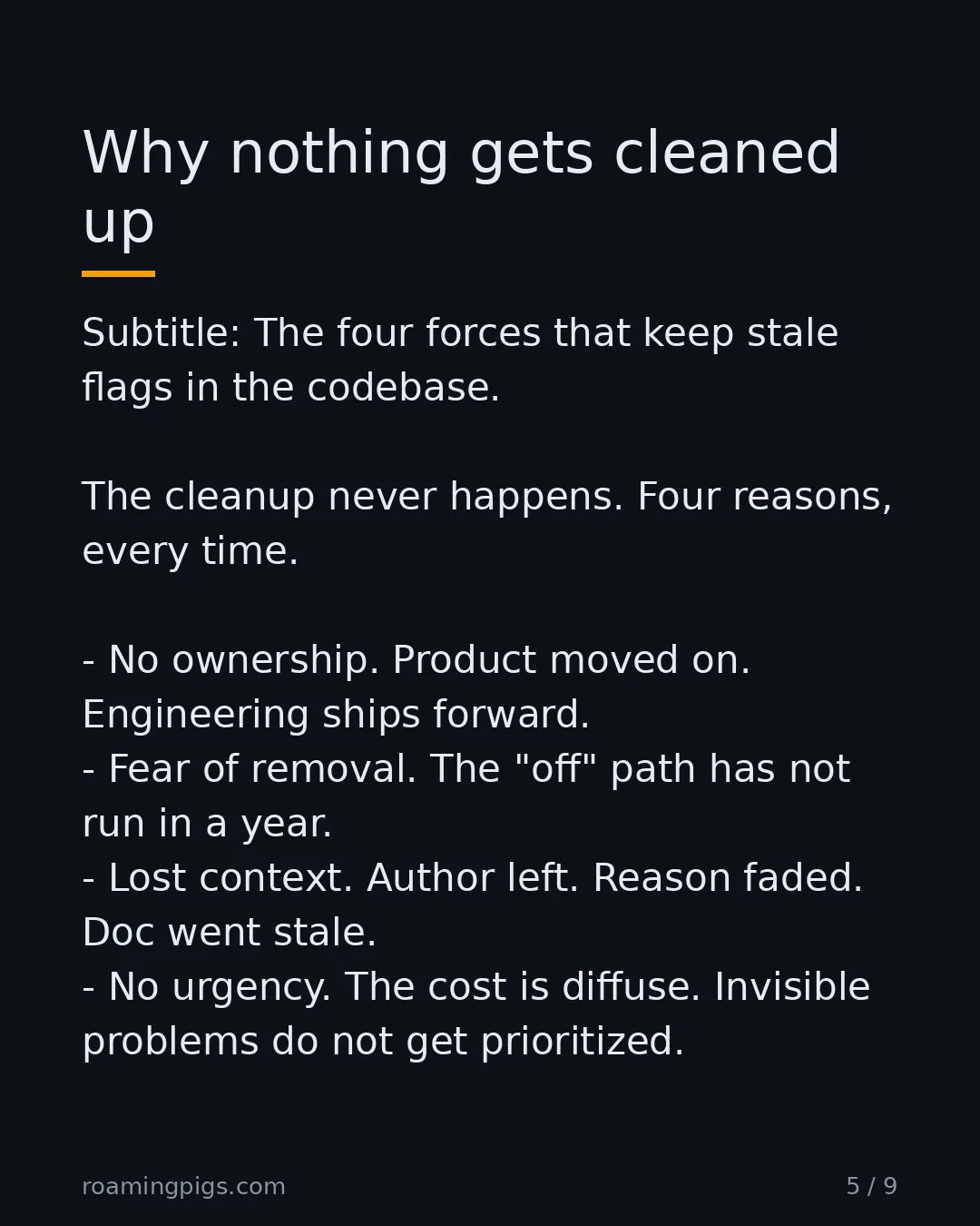 Slide 5 of 9: Why nothing gets cleaned up. Subtitle: The four forces that keep stale flags in the codebase. The cleanup never happens. Four reasons,…