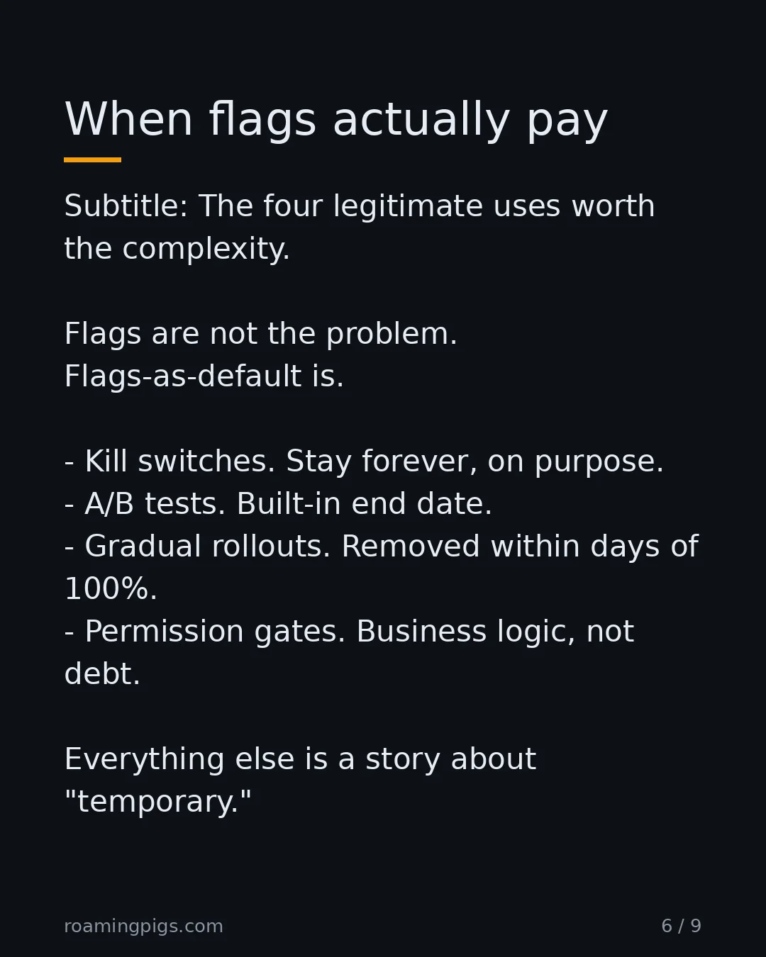 Slide 6 of 9: When flags actually pay. Subtitle: The four legitimate uses worth the complexity. Flags are not the problem. Flags-as-default is. Kill…