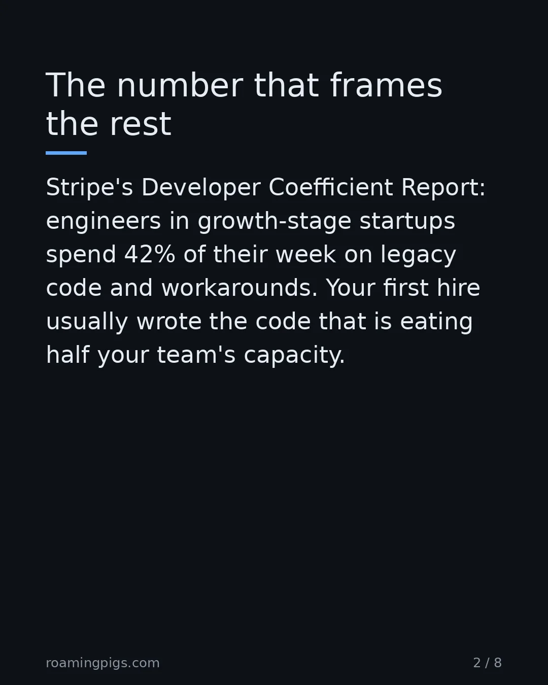 Slide 2 of 8: The number that frames the rest. Stripe's Developer Coefficient Report: engineers in growth-stage startups spend 42% of their week on…