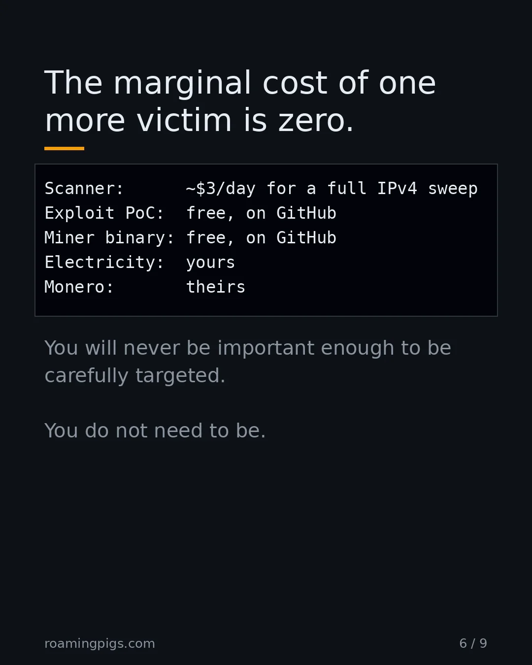 Slide 6 of 9: The marginal cost of one more victim is zero.. Code example. You will never be important enough to be carefully targeted. You do not need…