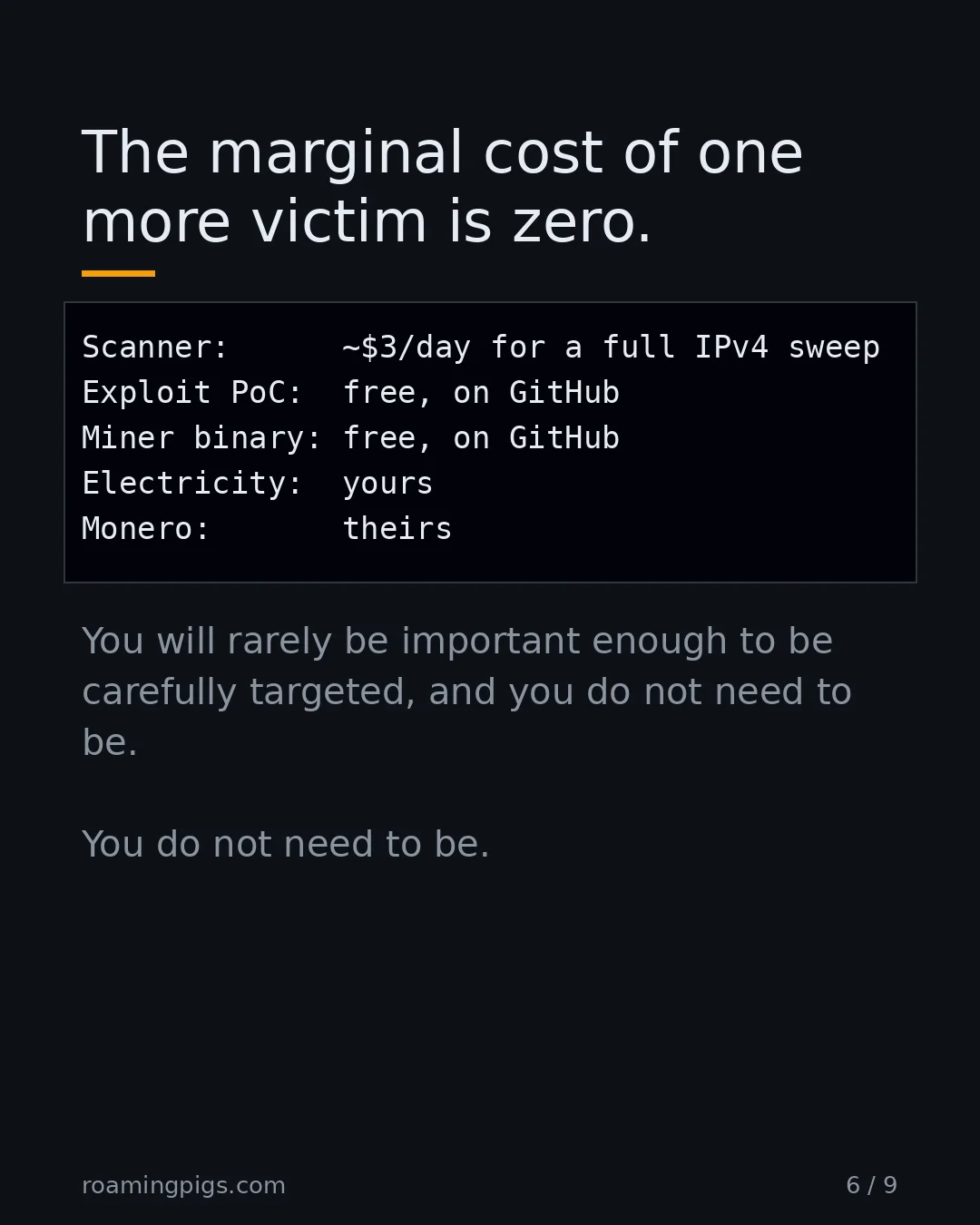 Slide 6 of 9: The marginal cost of one more victim is zero.. Code example. You will rarely be important enough to be carefully targeted, and you do not…