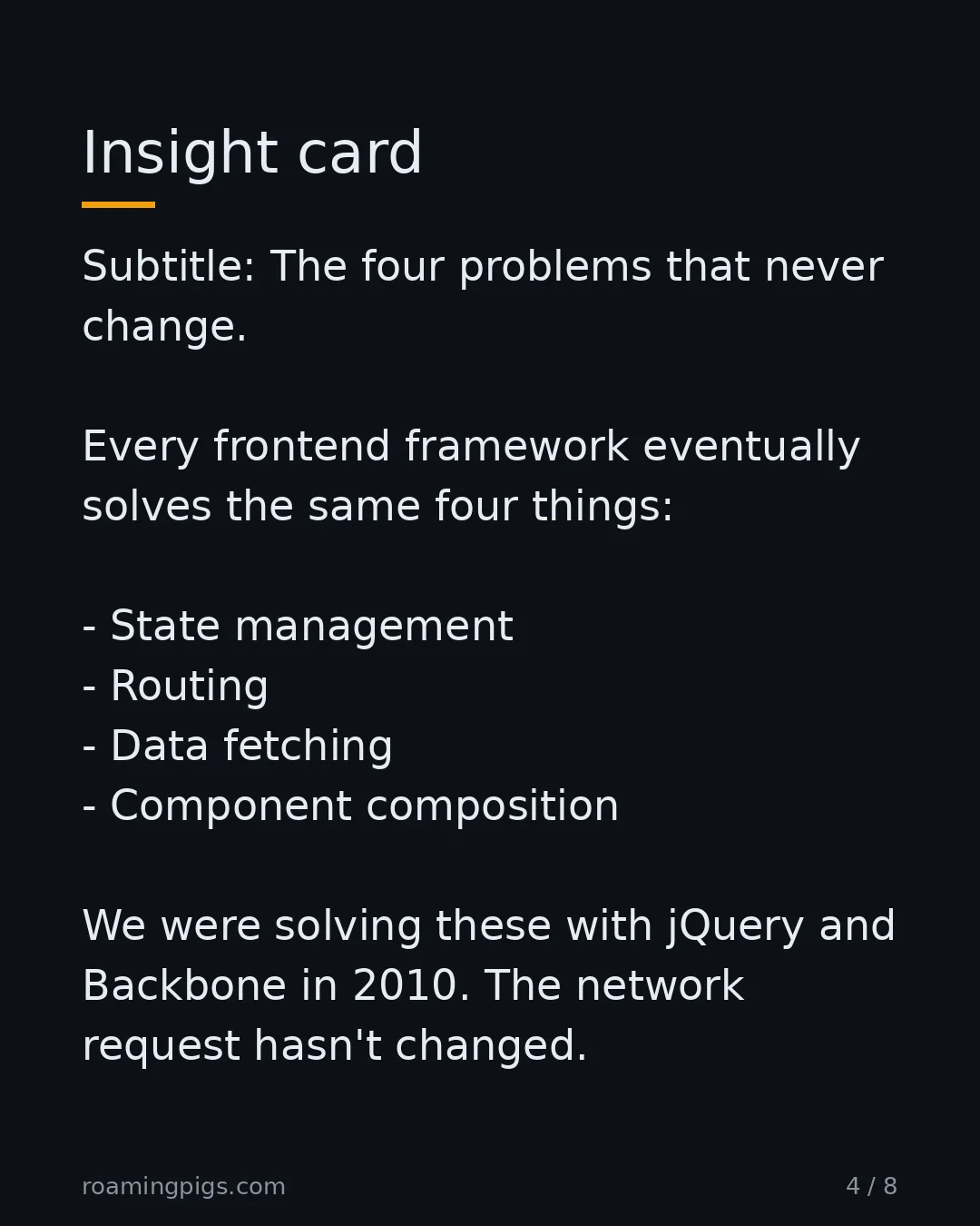 Slide 4 of 8: Insight card. Subtitle: The four problems that never change. Every frontend framework eventually solves the same four things: State…