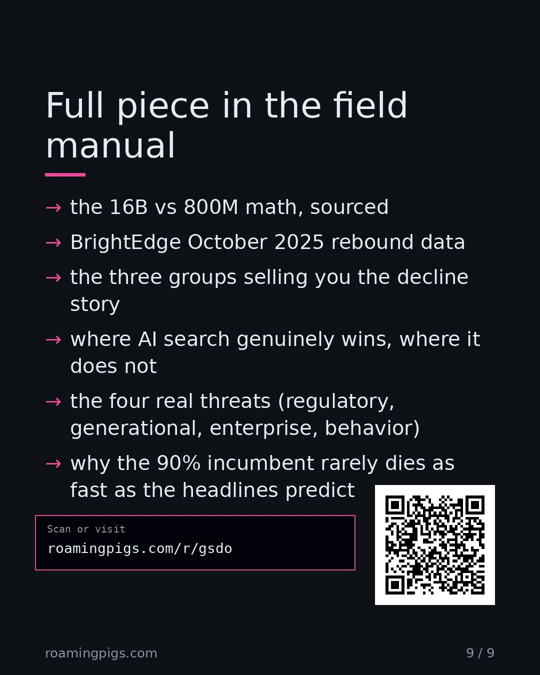 Slide 9 of 9: Call to action: the 16B vs 800M math, sourced BrightEdge October 2025 rebound data the three groups selling you the decline story where AI…