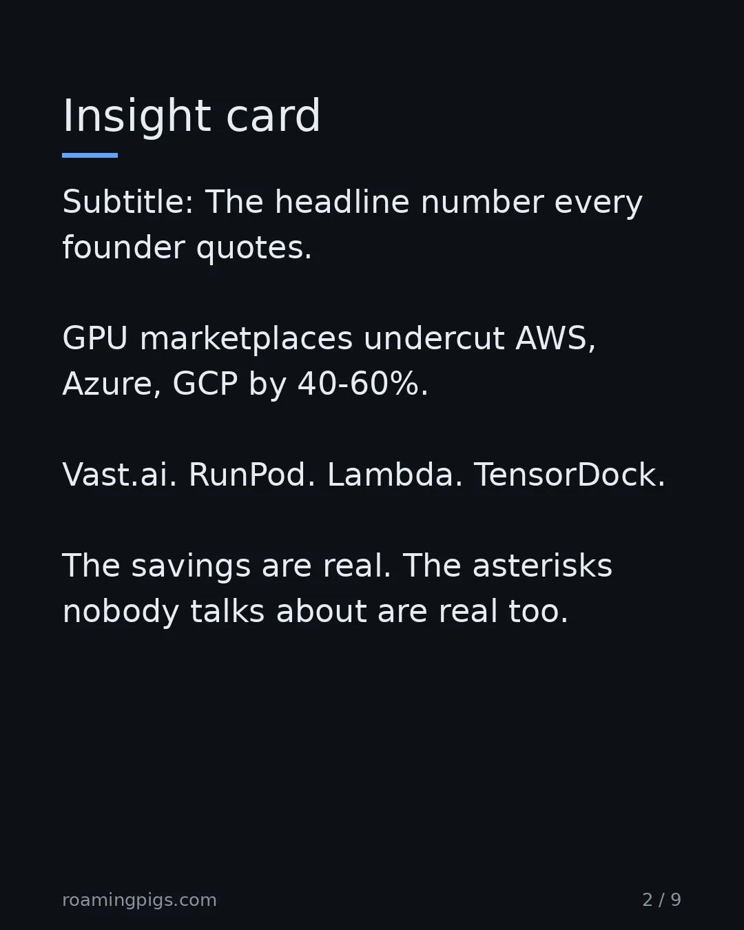 Slide 2 of 9: Insight card. Subtitle: The headline number every founder quotes. GPU marketplaces undercut AWS, Azure, GCP by 40-60%. Vast.ai. RunPod.…