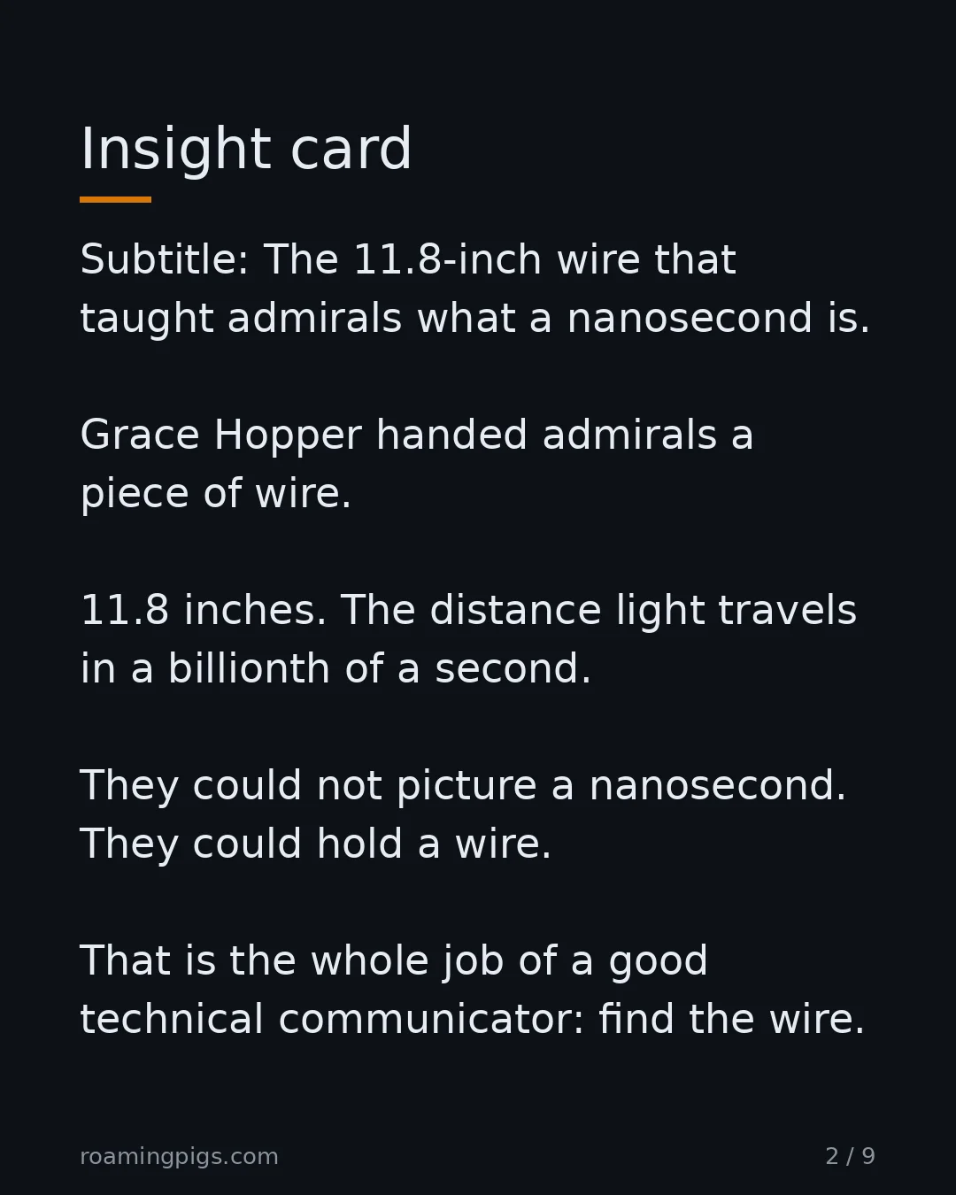 Slide 2 of 9: Insight card. Subtitle: The 11.8-inch wire that taught admirals what a nanosecond is. Grace Hopper handed admirals a piece of wire. 11.8…