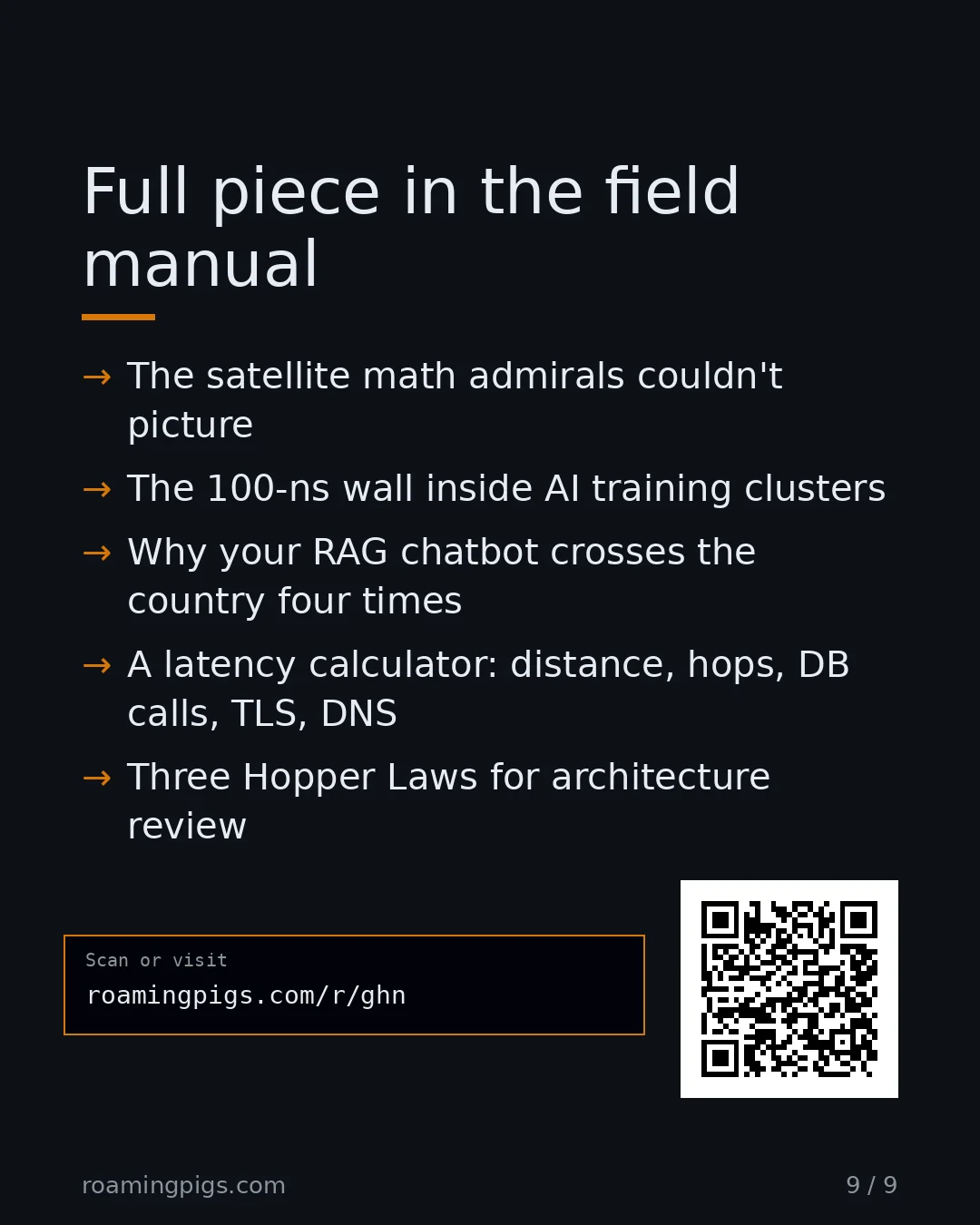 Slide 9 of 9: Call to action: Subtitle: The wire, the fiber tax, the 100-nanosecond wall, and a latency calculator you can paste a number into. The…