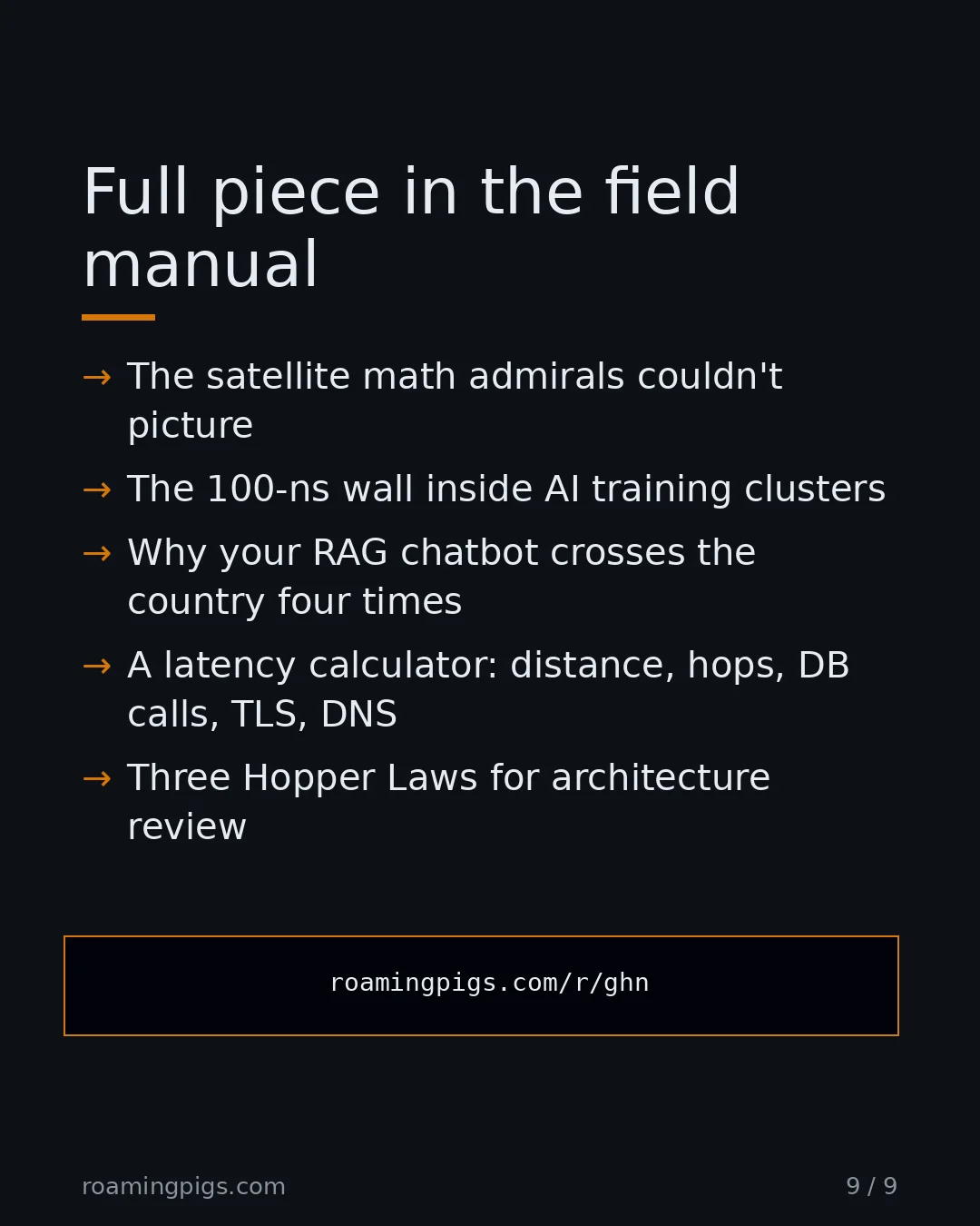 Slide 9 of 9: Call to action: The satellite math admirals couldn't picture The 100-ns wall inside AI training clusters Why your RAG chatbot crosses the…