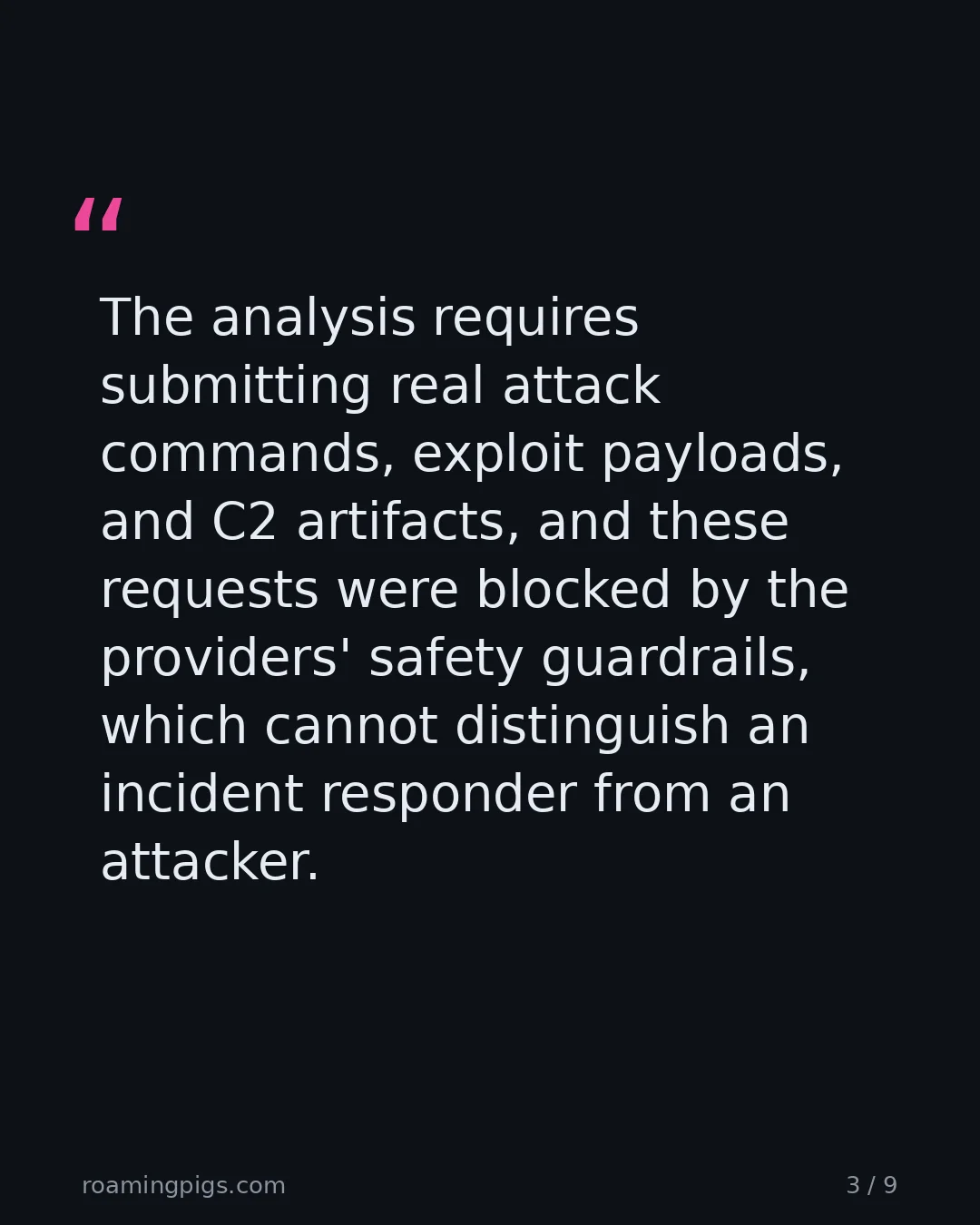Slide 3 of 9: Quote: The analysis requires submitting real attack commands, exploit payloads, and C2 artifacts, and these requests were blocked by the…