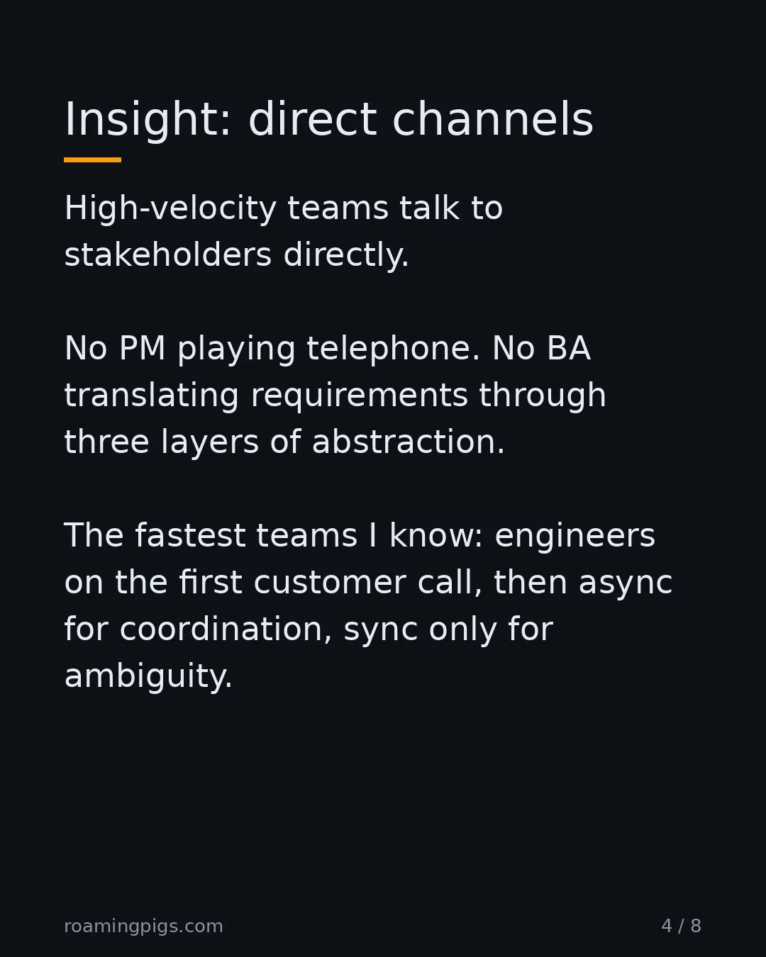 Slide 4 of 8: Every translation layer loses nuance. High-velocity teams talk to stakeholders directly. No PM playing telephone. No BA translating…