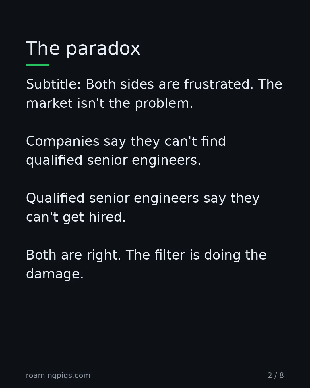 Slide 2 of 8: The paradox. Subtitle: Both sides are frustrated. The market isn't the problem. Companies say they can't find qualified senior engineers.…
