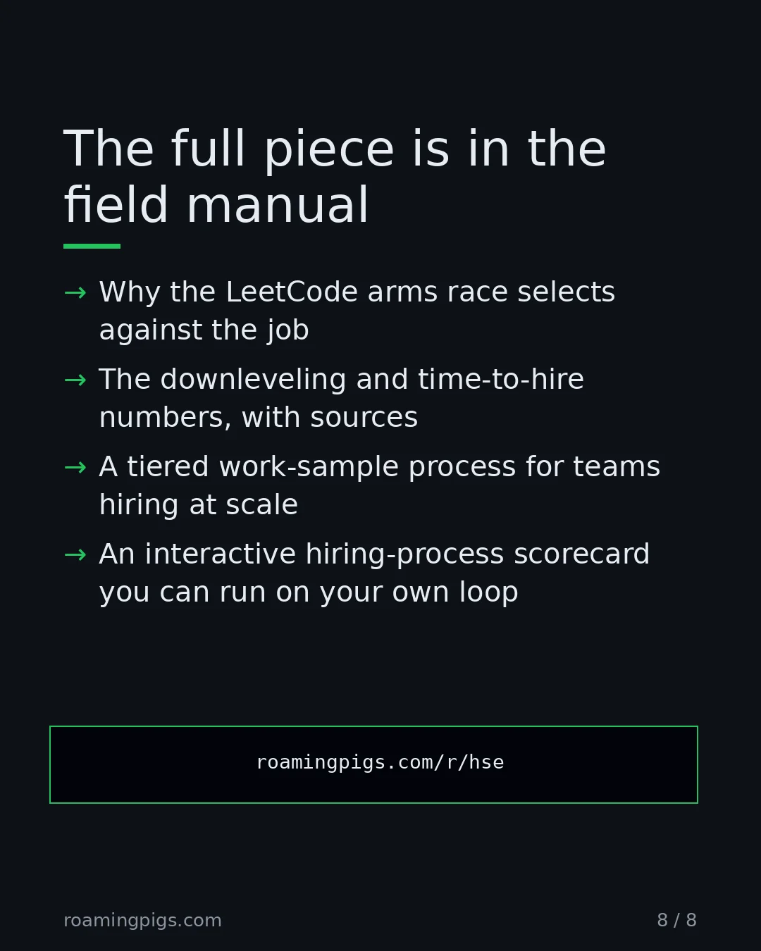 Slide 8 of 8: Call to action: Why the LeetCode arms race selects against the job The downleveling and time-to-hire numbers, with sources A tiered…