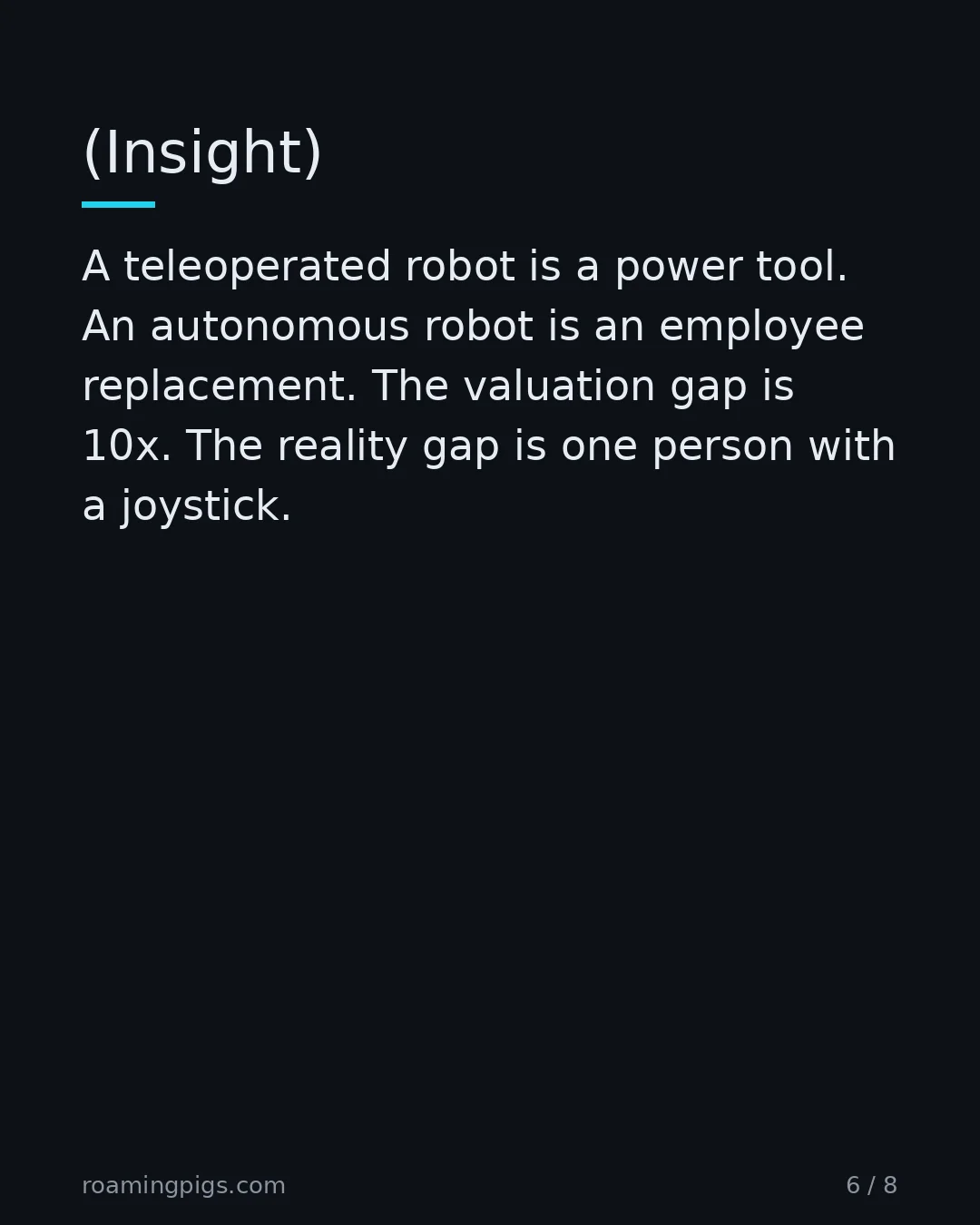 Slide 6 of 8: (Insight). A teleoperated robot is a power tool. An autonomous robot is an employee replacement. The valuation gap is 10x. The reality gap…