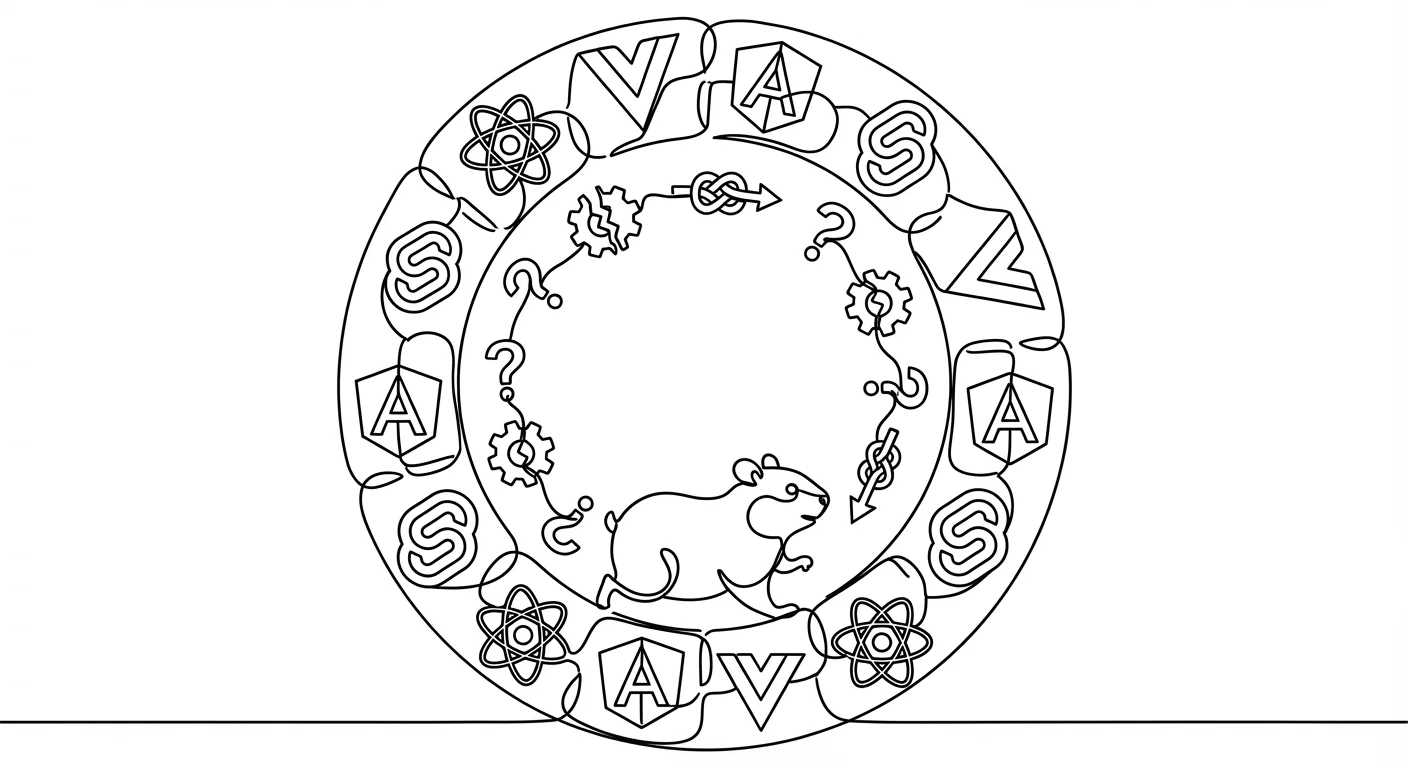 Illustration of a hamster wheel representing the endless cycle of JavaScript framework migrations