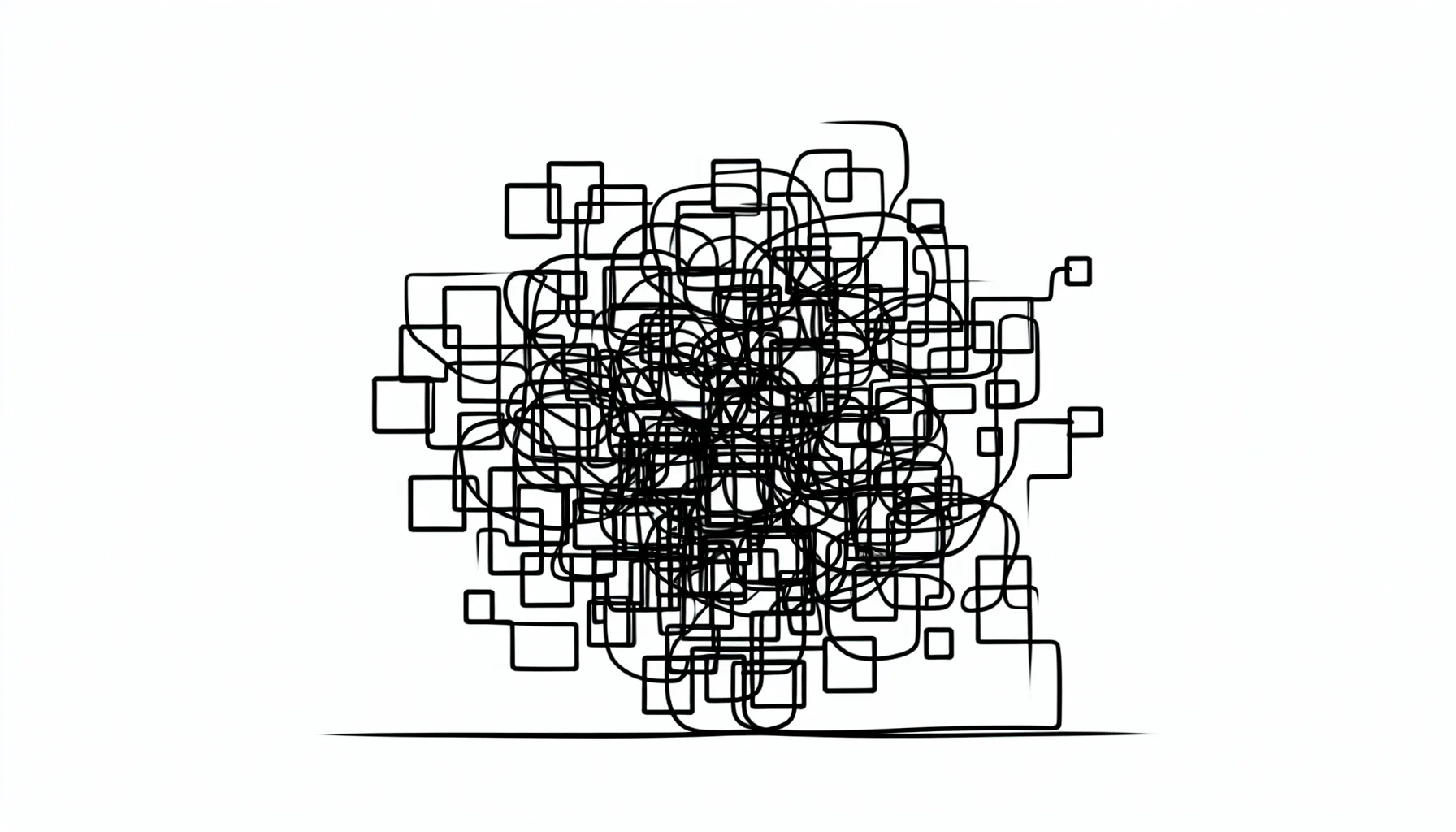 Black line drawing of a tangled web of interconnected boxes