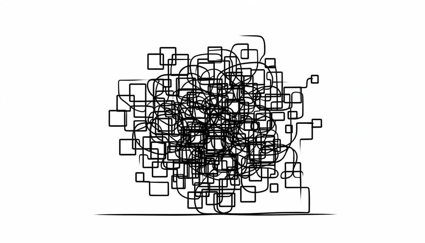 Black line drawing of a tangled web of interconnected boxes