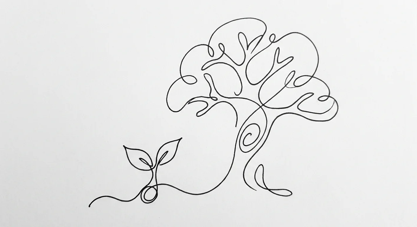 Single continuous ink line drawing a seedling beside a full tree