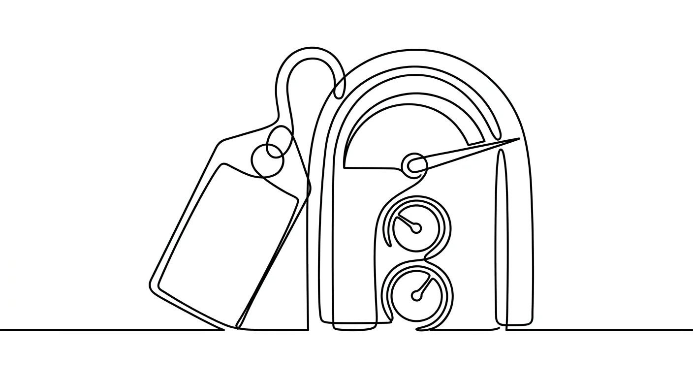 Line drawing of a price tag holding steady while a meter behind it climbs, illustrating unchanged per-token pricing against a rising bill.