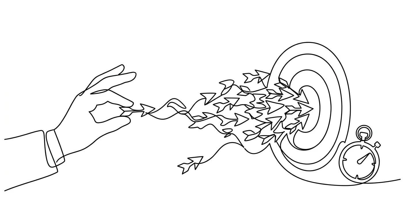 Line drawing of one hand releasing many paper arrows at a target, one arrow lagging far behind the rest