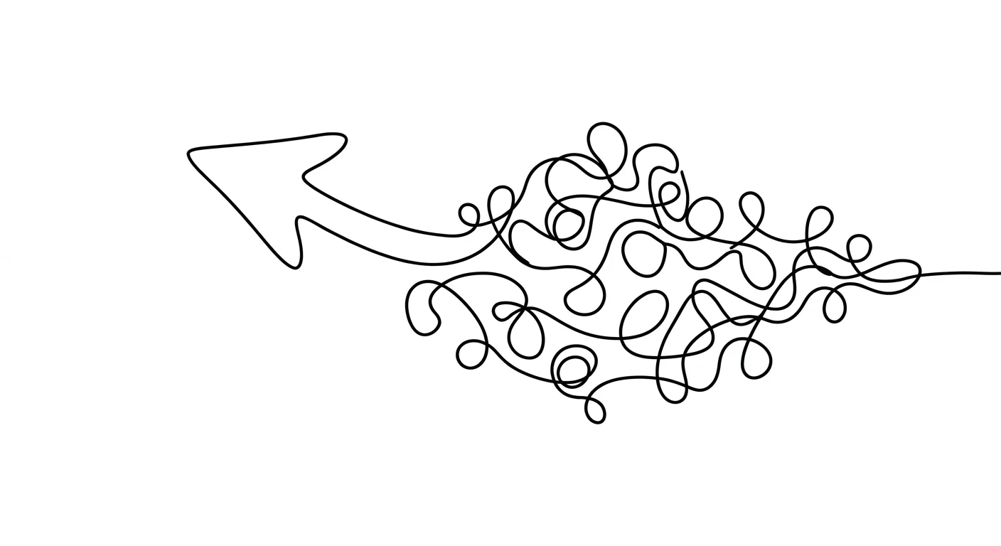 Single continuous line drawing of a tangled knot of loops that straightens out into one arrow