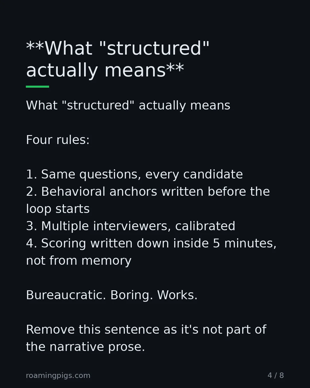 Slide 4 of 8: What "structured" actually means. What "structured" actually means Four rules: 1. Same questions, every candidate 2. Behavioral anchors…