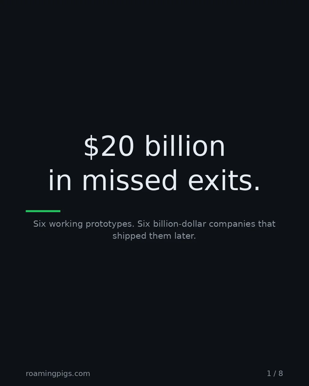 Slide 1 of 8: $20 billion in missed exits.. Six working prototypes. Six billion-dollar companies that shipped them later