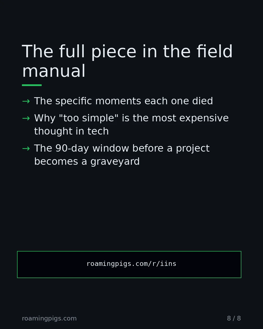Slide 8 of 8: Call to action: Six prototypes. Six billion-dollar lessons. One ship-or-kill timer you can run on your own project right now. The specific…
