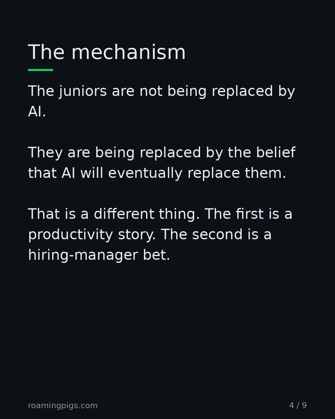 Slide 4 of 9: Anticipated automation, not actual automation. The juniors are not being replaced by AI. They are being replaced by the belief that AI will…