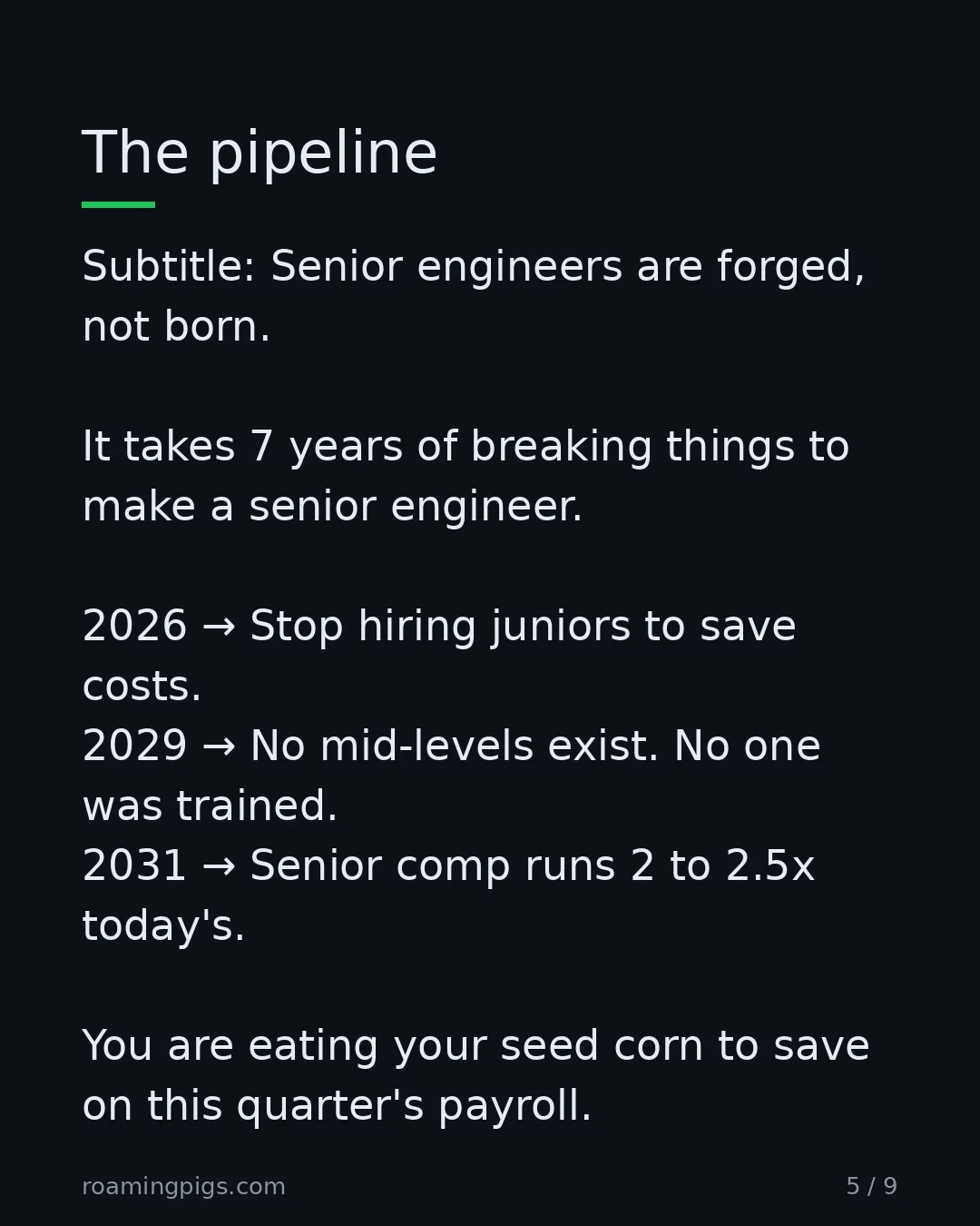 Slide 5 of 9: The pipeline. Subtitle: Senior engineers are forged, not born. It takes 7 years of breaking things to make a senior engineer. 2026 → Stop…
