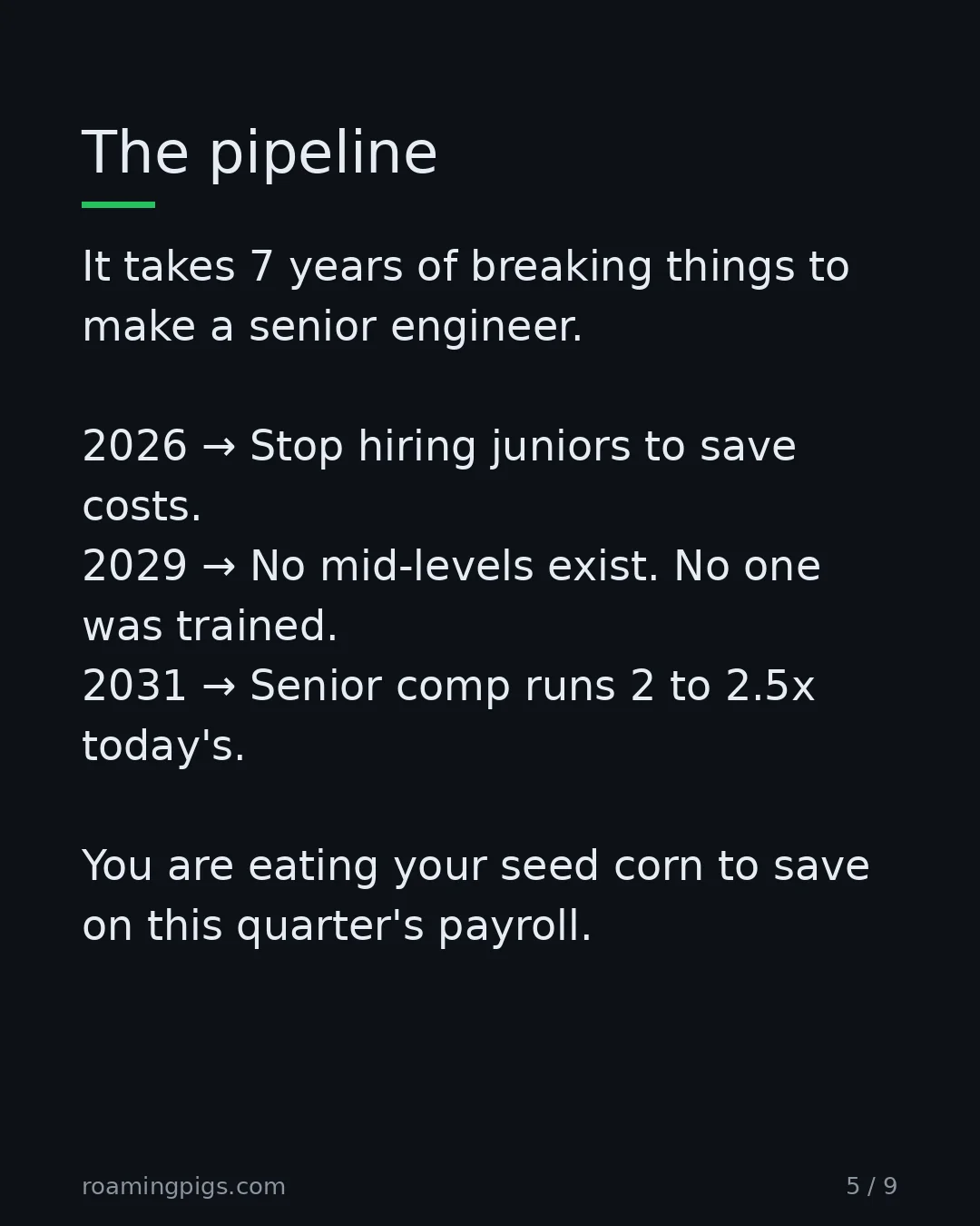 Slide 5 of 9: Senior engineers are forged, not born. It takes 7 years of breaking things to make a senior engineer. 2026 → Stop hiring juniors to save…
