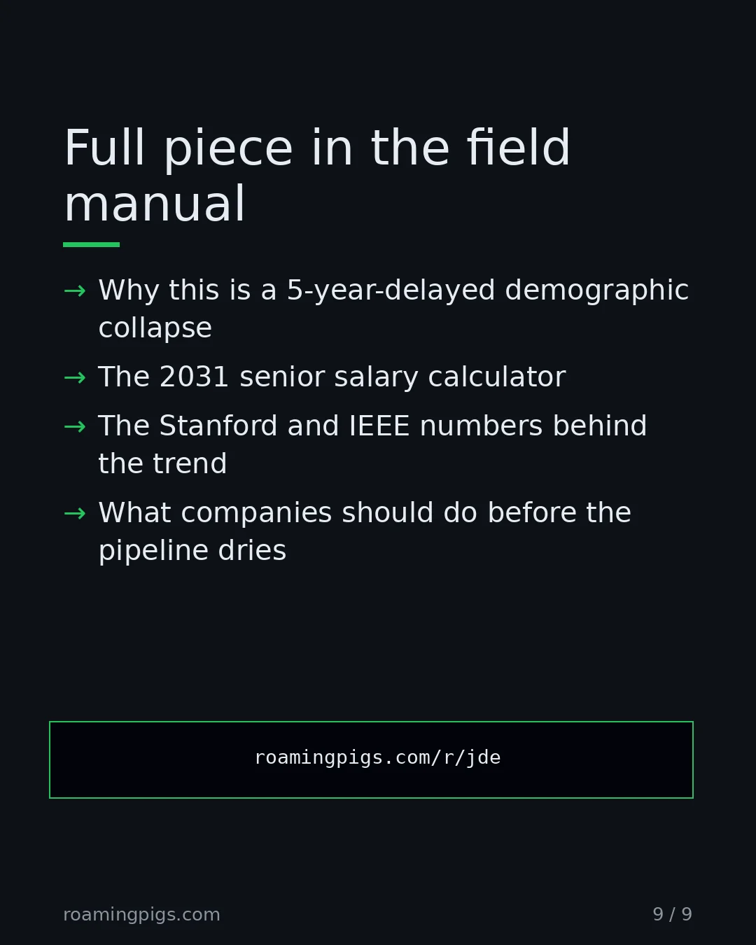 Slide 9 of 9: Call to action: The full argument: Why this is a 5-year-delayed demographic collapse The 2031 senior salary calculator The Stanford and…