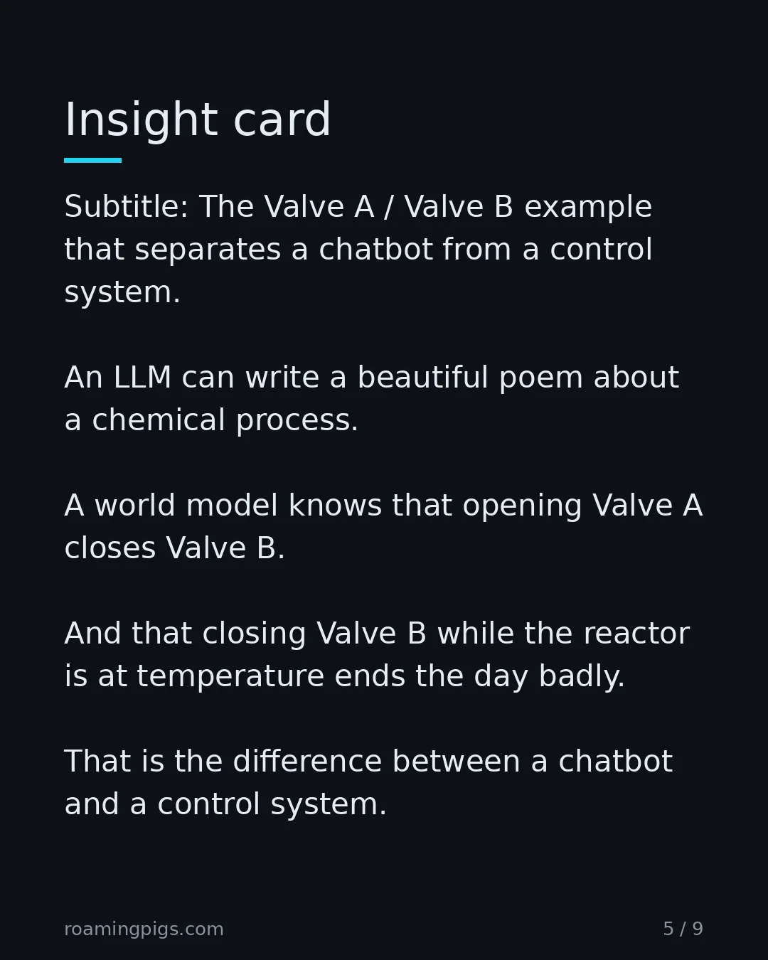Slide 5 of 9: Insight card. Subtitle: The Valve A / Valve B example that separates a chatbot from a control system. An LLM can write a beautiful poem…