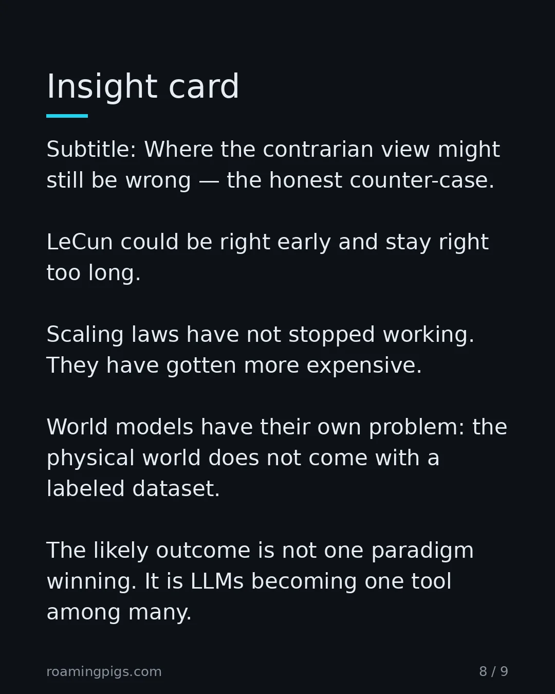 Slide 8 of 9: Insight card. Subtitle: Where the contrarian view might still be wrong — the honest counter-case. LeCun could be right early and stay right…