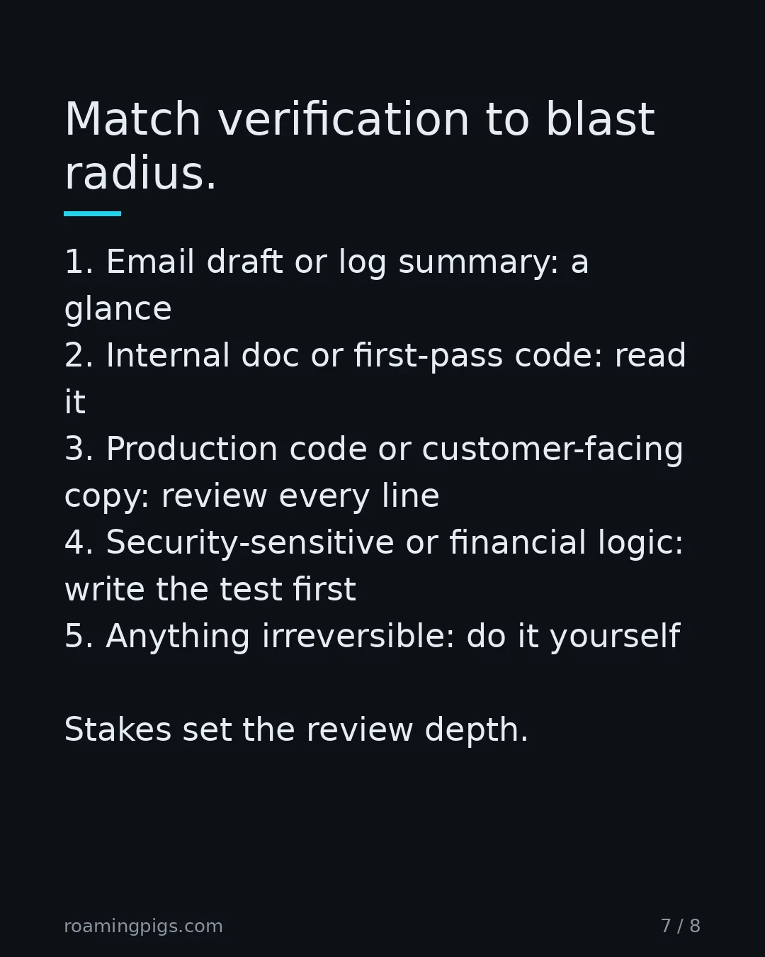 Slide 7 of 8: Match verification to blast radius.. 1. Email draft or log summary: a glance 2. Internal doc or first-pass code: read it 3. Production code…