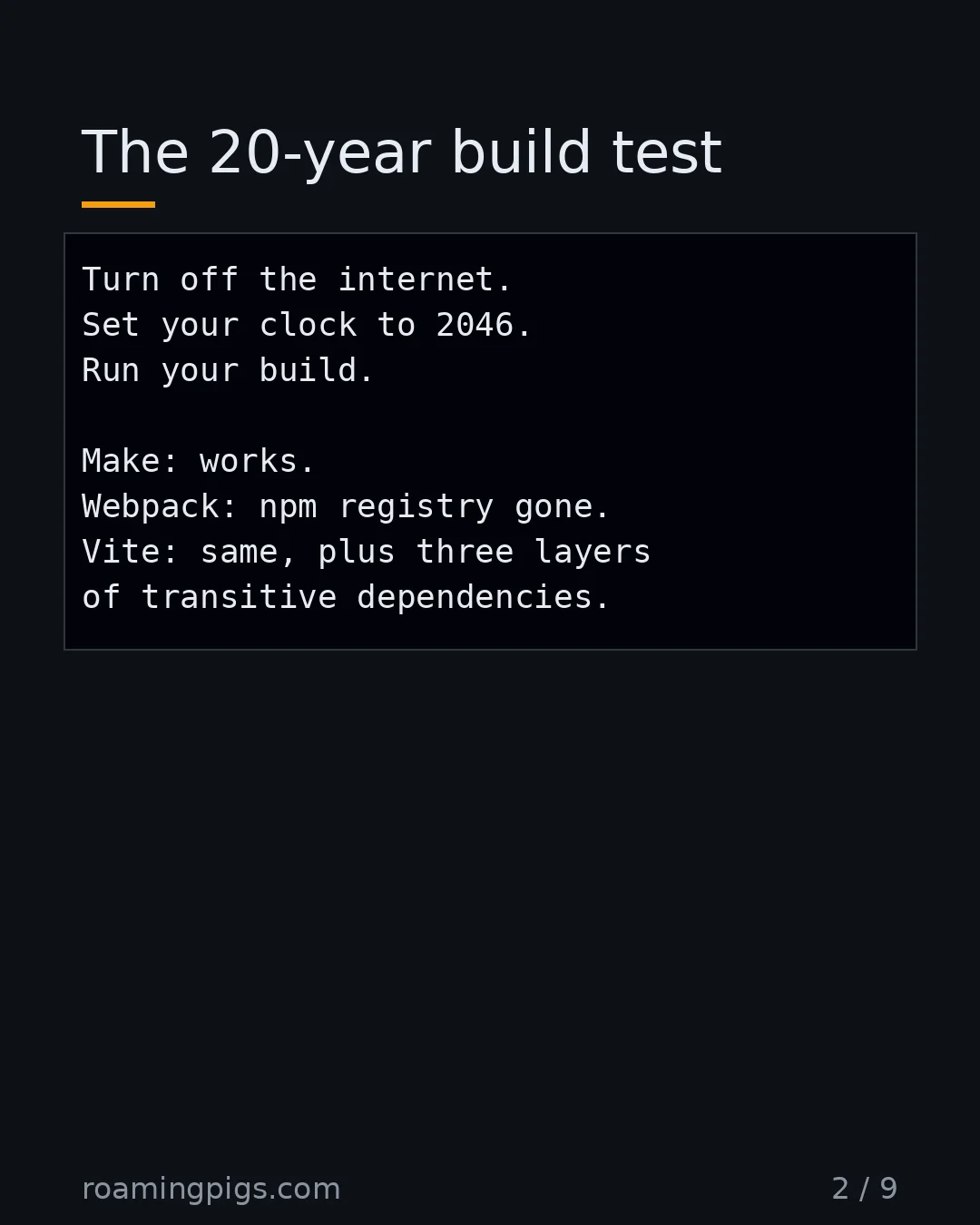 Slide 2 of 9: The 20-year build test. Code example