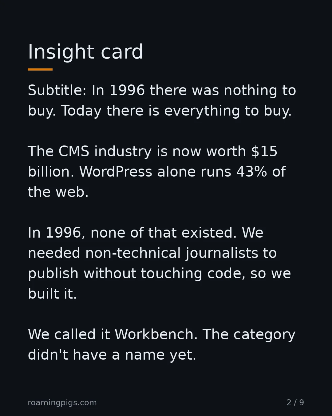 Slide 2 of 9: Insight card. Subtitle: In 1996 there was nothing to buy. Today there is everything to buy. The CMS industry is now worth $15 billion.…