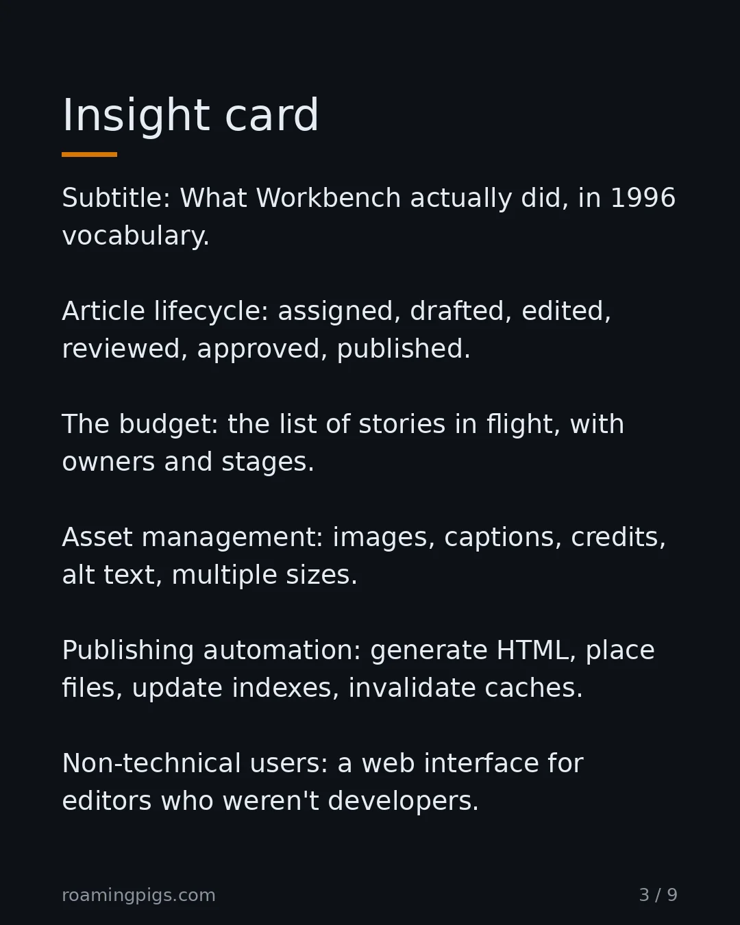 Slide 3 of 9: Insight card. Subtitle: What Workbench actually did, in 1996 vocabulary. Article lifecycle: assigned, drafted, edited, reviewed, approved,…