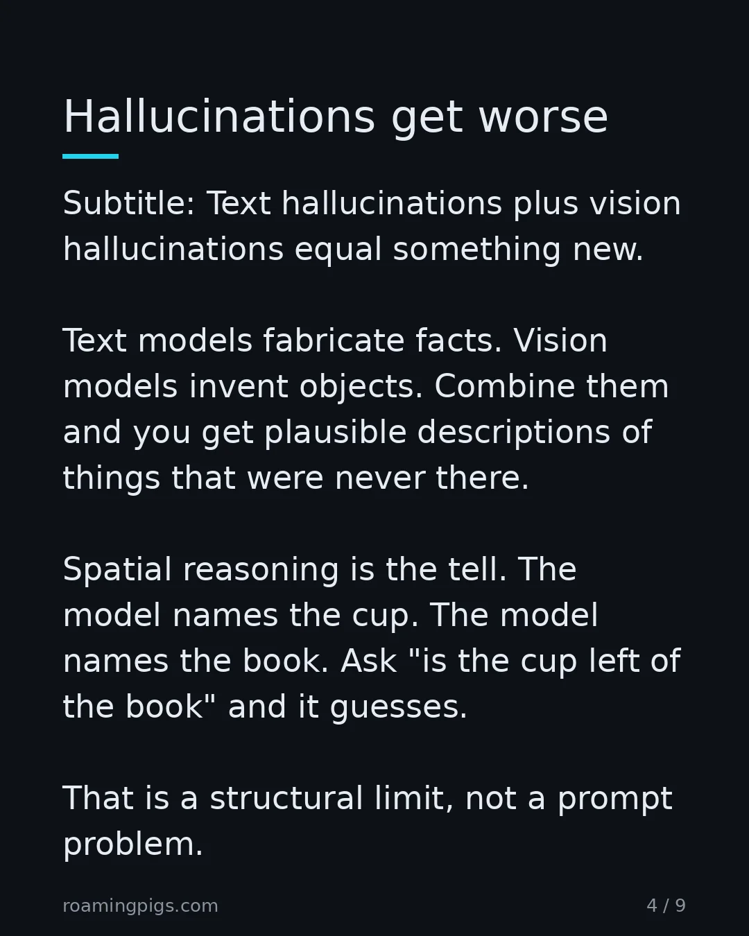 Slide 4 of 9: Hallucinations get worse. Subtitle: Text hallucinations plus vision hallucinations equal something new. Text models fabricate facts. Vision…